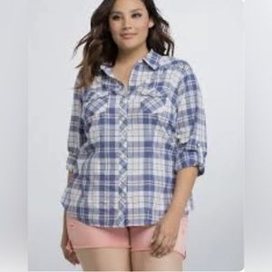 Torrid BLUE PLAID CAMP LONG SLEEVE SHIRT BLOUSE TOP